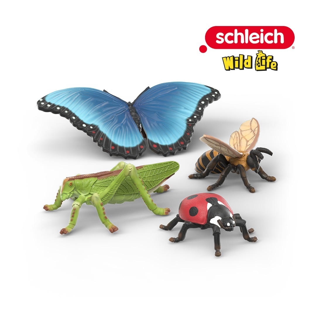 Four realistic toy insects, including a blue butterfly, a yellow bee, a green grasshopper, and a red ladybird, are displayed on a white background with the Schleich Wild Life logo in the corner—an ideal Discovery Set for young explorers fascinated by insects.