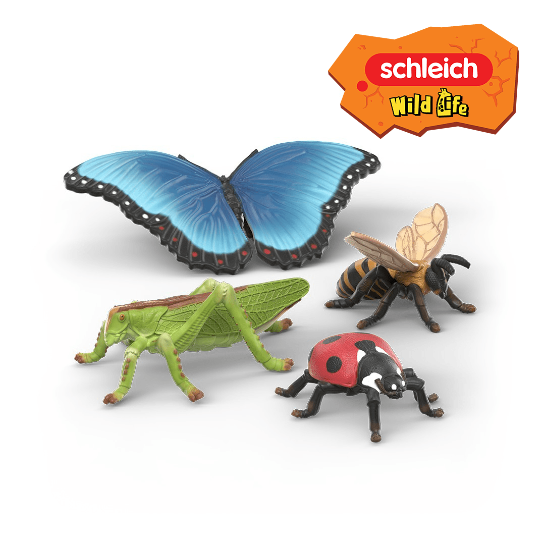 Four realistic toy insects—a blue butterfly, a bee, a green grasshopper, and a red ladybird—are arranged in front of a Schleich Wild Life logo on a white background. Part of the Schleich Insects Discovery Set, these lifelike figures invite children to explore the fascinating world of insects for an educational play experience they’re sure to WIN.