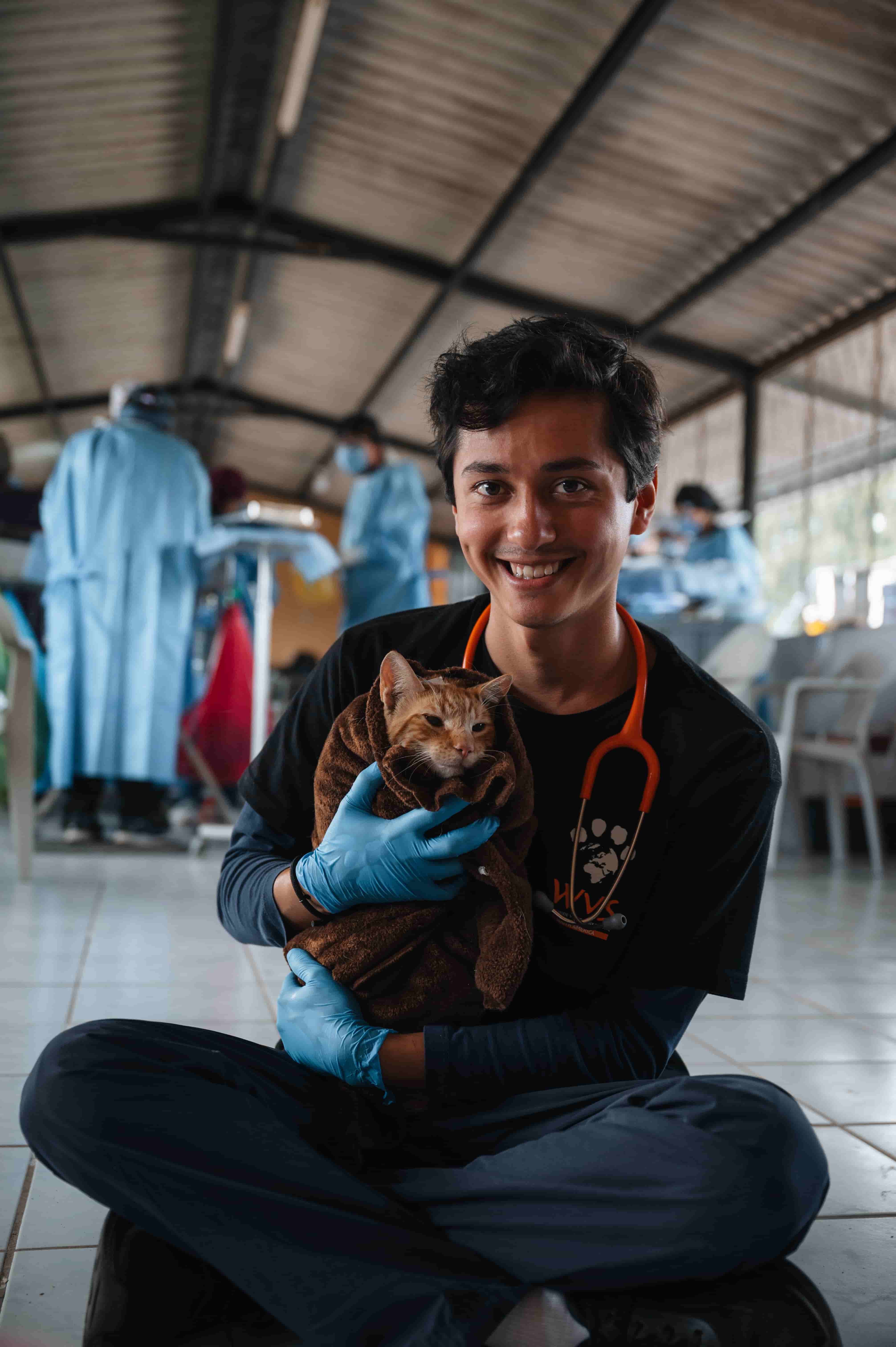 A smiling member of the Young Vet’s Club wearing gloves and a stethoscope holds a cat wrapped in a towel. People in scrubs work in the background inside a large, open room.