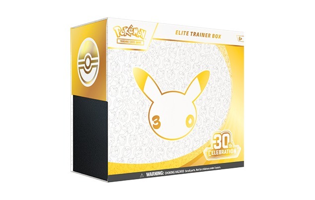 A white Pokémon 30th Celebration Elite Trainer Box featuring a gold Pikachu face, the 30th Celebration logo, and a Poké Ball icon. Text reads Elite Trainer Box and WARNING: CHOKING HAZARD.