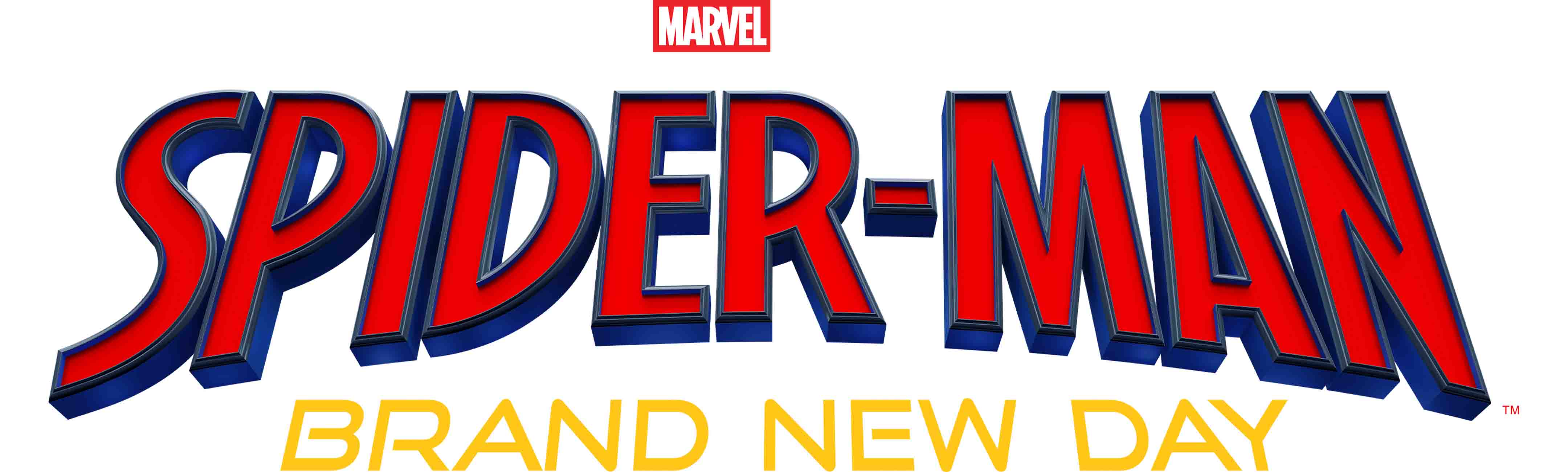 Marvel Spider-Man Brand New Day logo featuring bold red and blue Spider-Man text, capturing the thrill of adventure, with vibrant yellow Brand New Day text underneath on a crisp white background.
