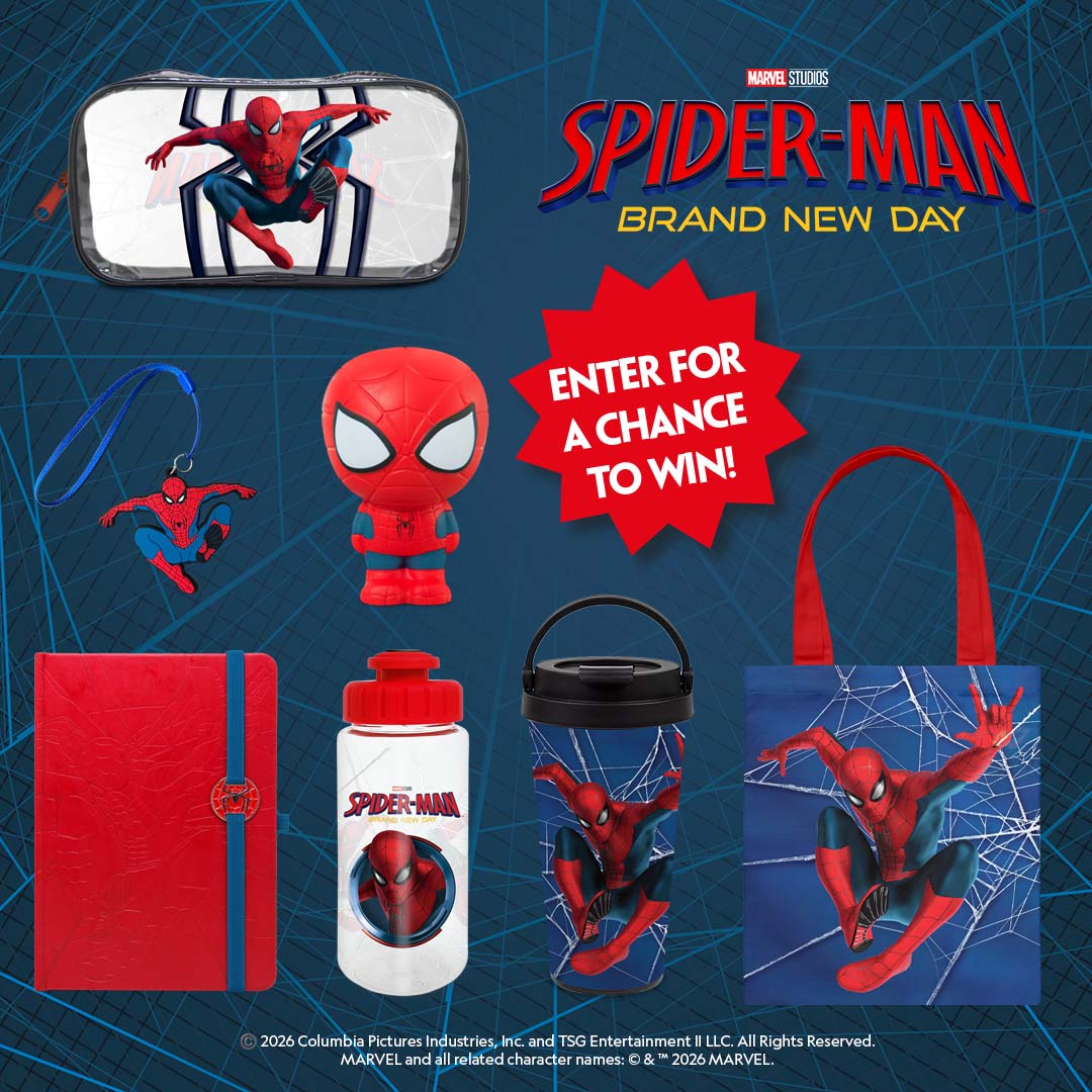 Spider-Man Brand New Day prize collection including a pencil case, keyring, figure, notebook, water bottle, tumbler, and tote bag, with a starburst text graphic reading Enter for a chance to win a brand-new adventure!.