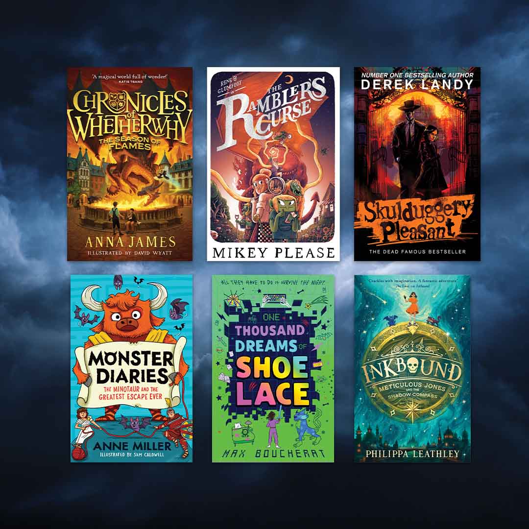 Six colourful children’s and fantasy book covers are displayed in two rows against a cloudy blue background, creating a whimsical scene. Titles include Chronicles of Whetley, Ramblers’ Curse, Skulduggery Pleasant, Monster Diaries, The Shoe Lace, and Inkbond. Enter now for your chance to win children’s books from a spooky book bundle featuring exciting HarperCollins Children’s book favourites!.