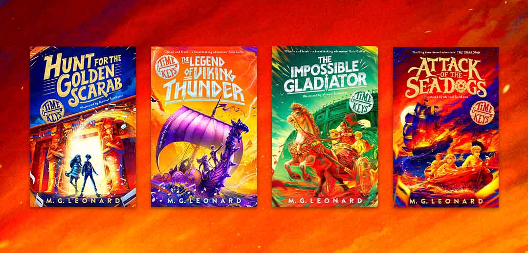 Four brightly coloured book covers from the Adventures on Trains Kids series by M.G. Leonard, each featuring dynamic illustrated scenes: a scarab, Viking ship, gladiators, and a burning ship—plus an exciting copy for Attack of the Sea Dogs that invites readers to join in the adventure and see if they have what it takes to win.