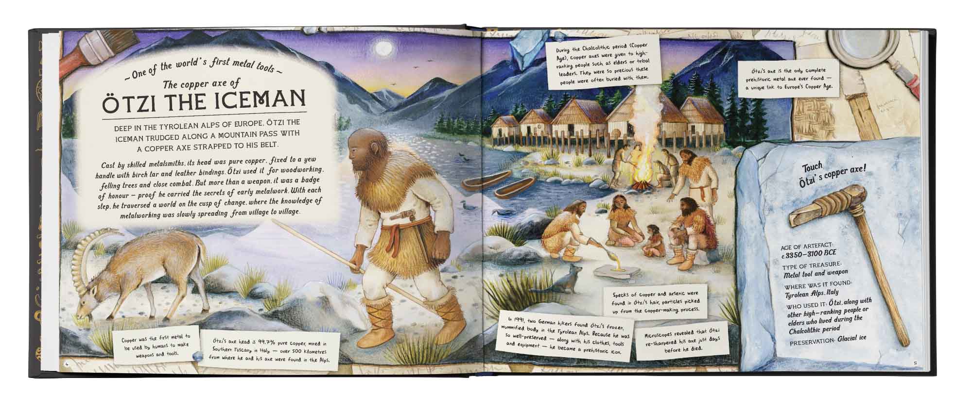 An illustrated spread about Ötzi the Iceman shows a prehistoric man with tools, children kneeling by a fire, and a village; inset boxes highlight discoveries by archaeologists about Ötzi’s life and discovery.