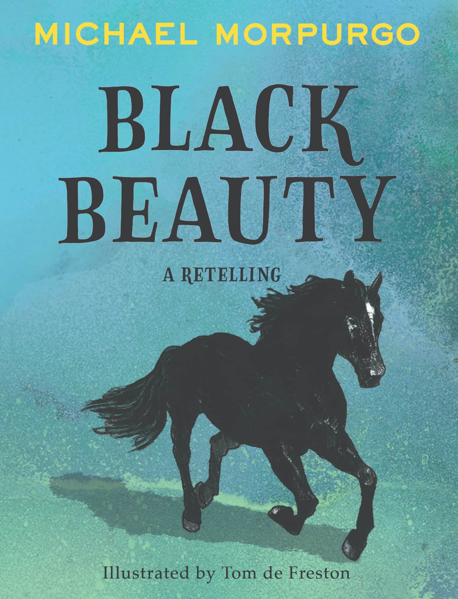 Book cover for Black Beauty by Michael Morpurgo, featuring a Tom de Freston illustration of a black horse evocative of a winter adventure.