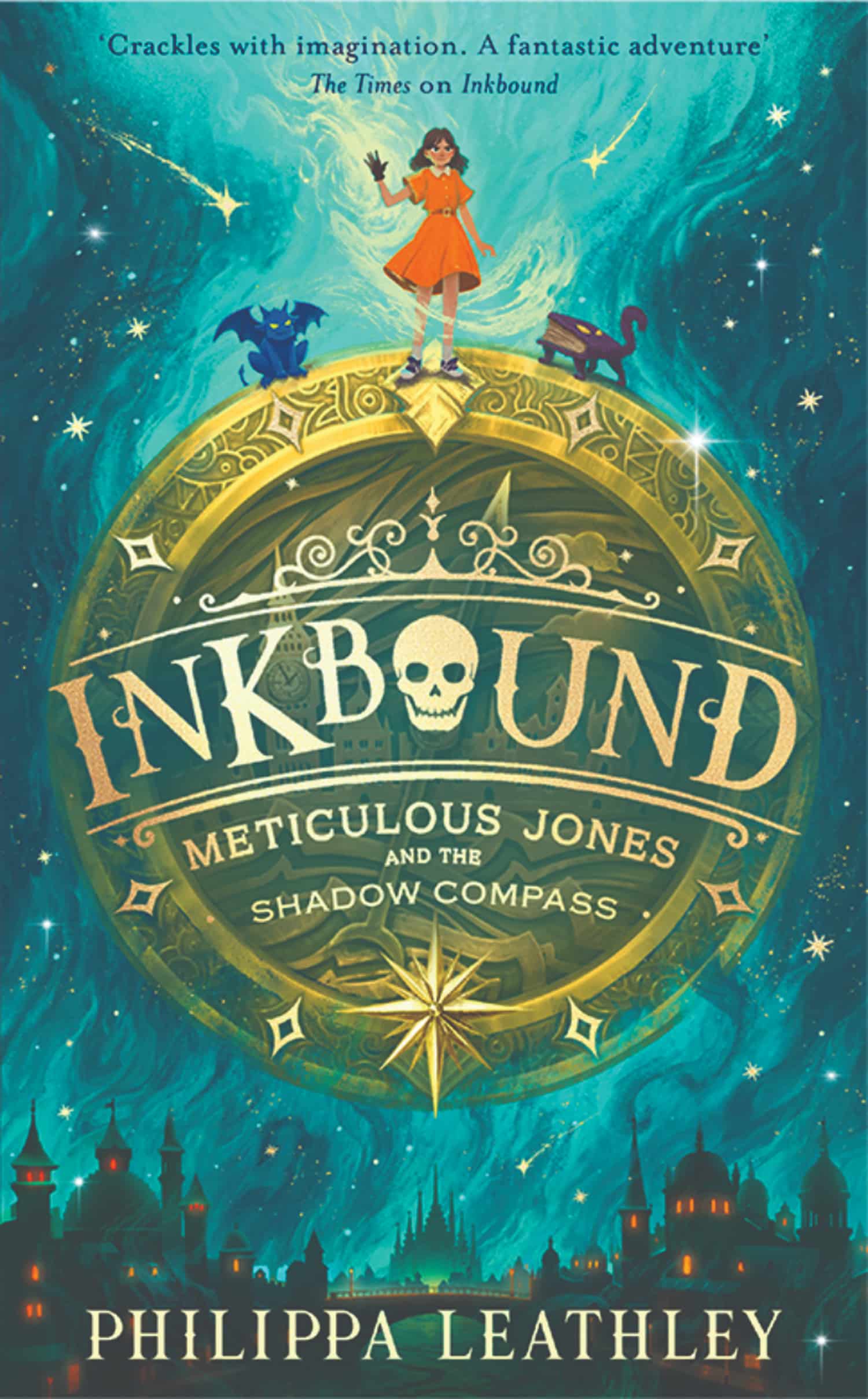 Book cover for Inkbound: Meticulous Jones and the Shadow Compass by Philippa Leathley, featuring an illustrated girl, a small dragon, and a glowing compass over a dark city skyline during a winter adventure.