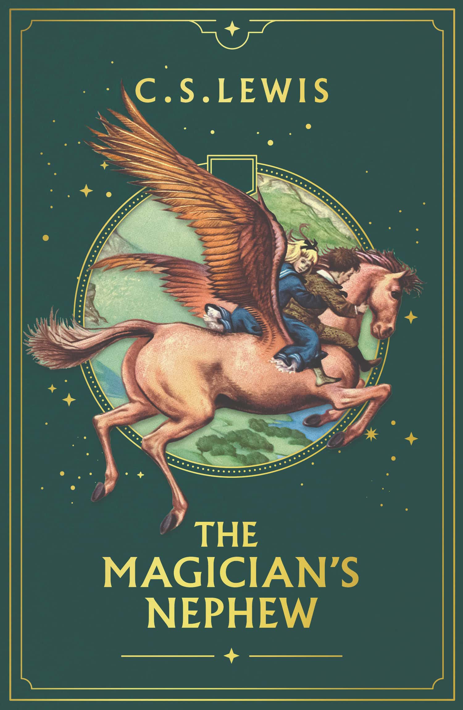 Book cover for The Magician’s Nephew by C.S. Lewis, featuring an illustration of a boy and girl on a winter adventure riding a winged horse in flight.