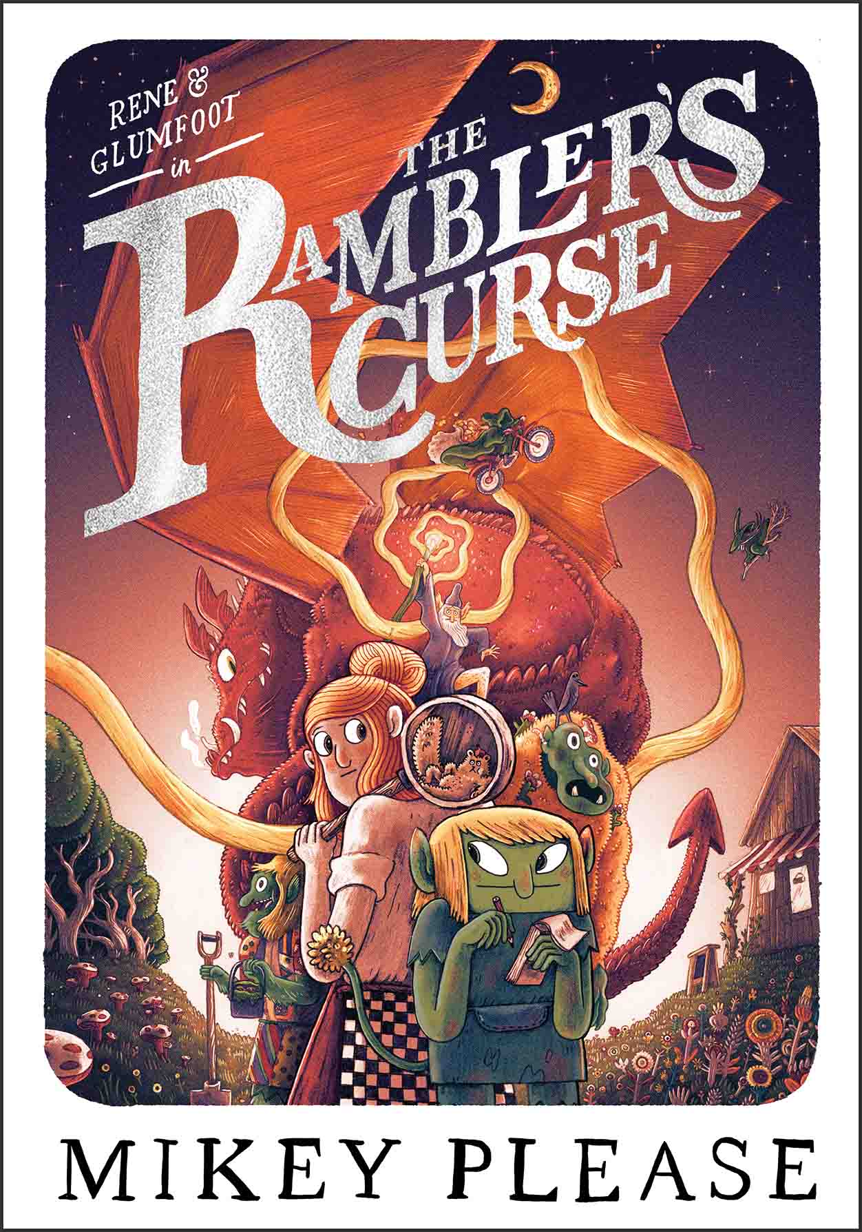 Book cover for Rene & Glumfoot in The Ramblers’ Curse by Mikey Please, featuring a girl and a goblin standing before a large dragon during their winter adventure.