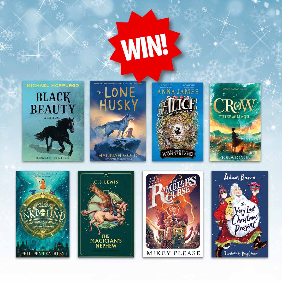 A red starburst graphic labelled WIN! centred above seven children’s books arranged in two rows against a snowy, winter adventure background.